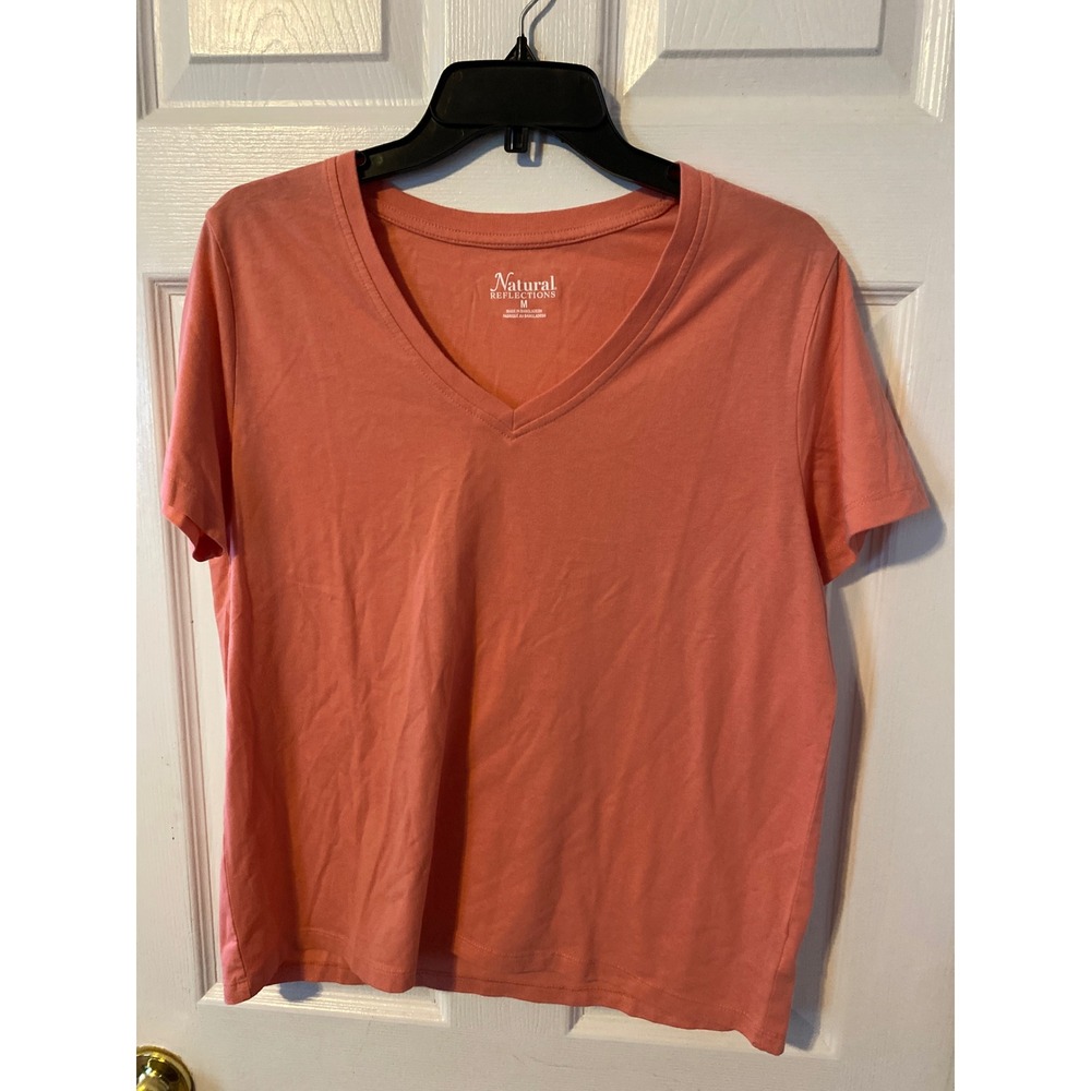 Natural Reflections Womens V Neck Short Sleeve T-Shirt Coral Pink Size M